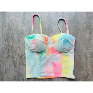 JEZBELROXII Bustier Crop Top Ribbed Velvet Cotton Candy Rainbow Tie Dye M